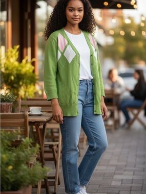 Cherokee Green Argyle Cardigan with Pink and White Diamonds